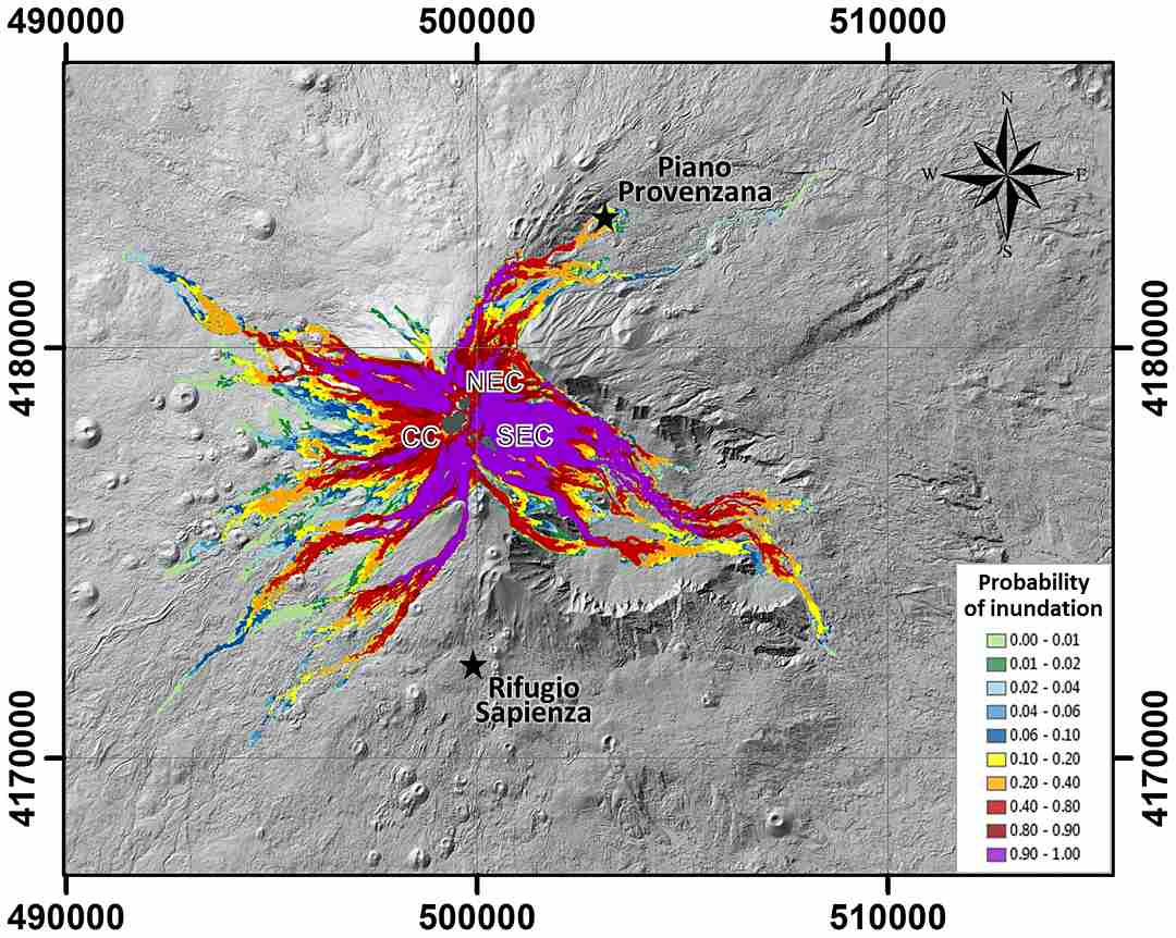 Carte des risques d'inondation de coulées de lave dans la zone du sommet de l'Etna