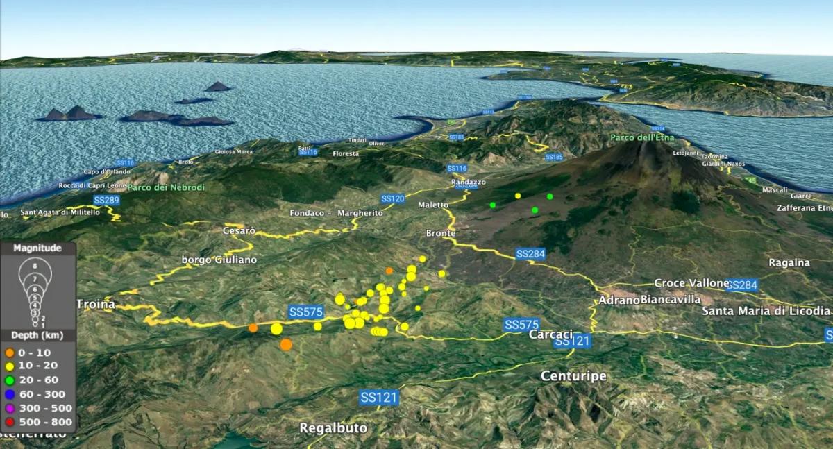 La carte montre les épicentres des séismes localisés par l'INGV du matin du 29 août au début de l'après-midi du 30 août 2022