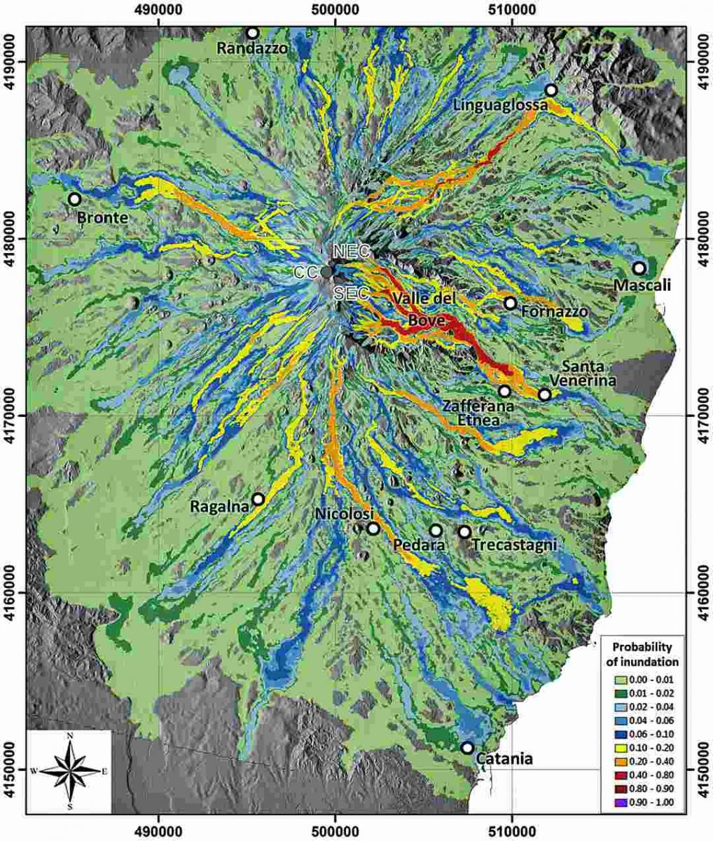 Carte des dangers par inondation de coulée de lave du Mont Etna