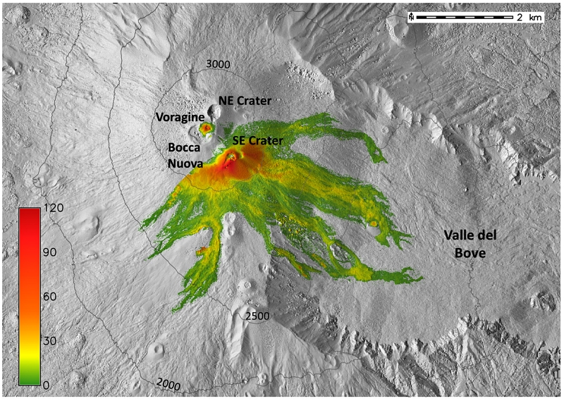 Différence d'altitude en mètres entre les modèles numériques de surface 2021 et 2016