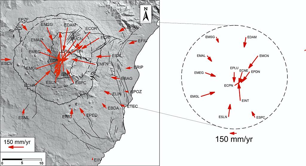 2. Stations GNSS, vitesses de déplacement (en millimètres/an) mars 2021