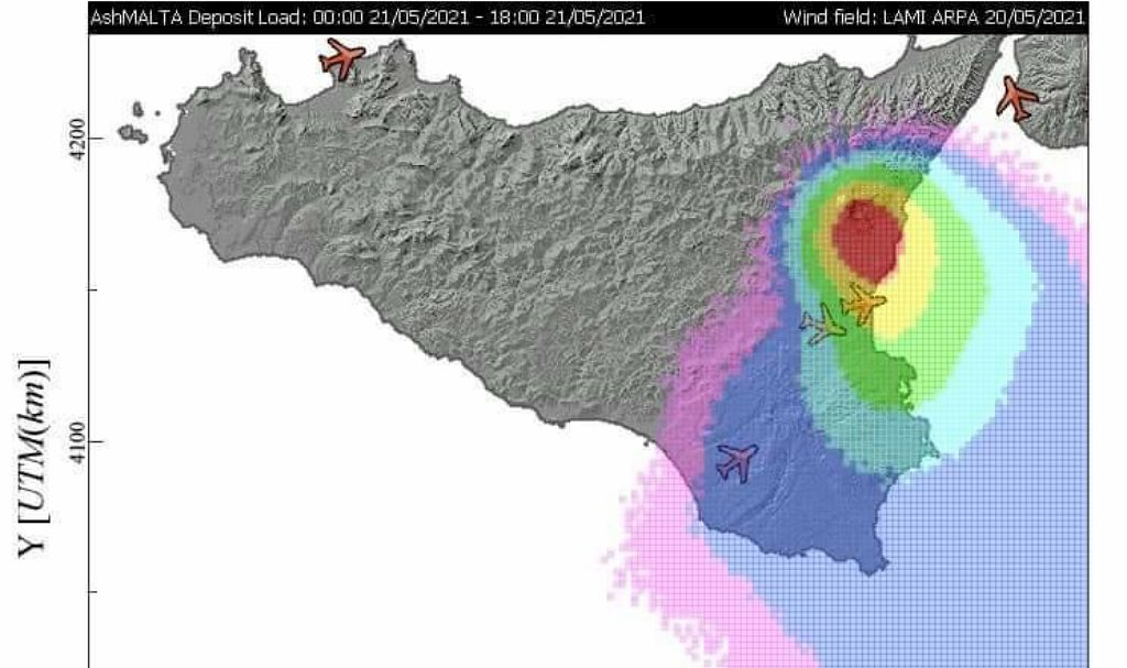 Dispersion de cendres volcaniques du volcan Etna le 21 mai 2021