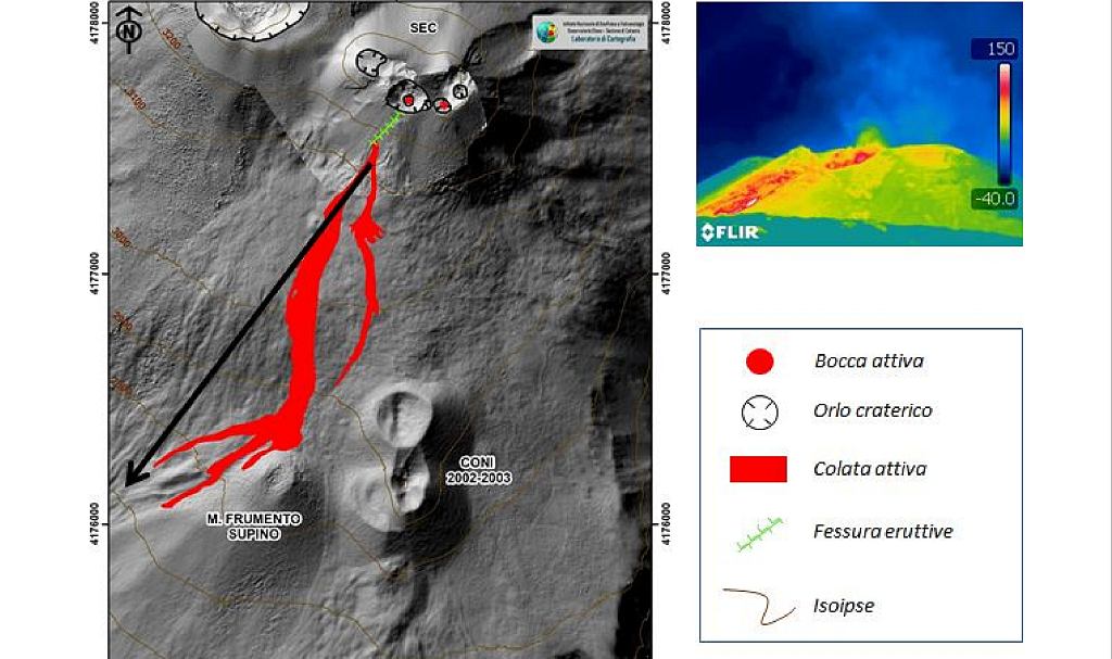 Carte préliminaire du champ de lave et image thermique de la zone du sommet de l'Etna, décembre 2020