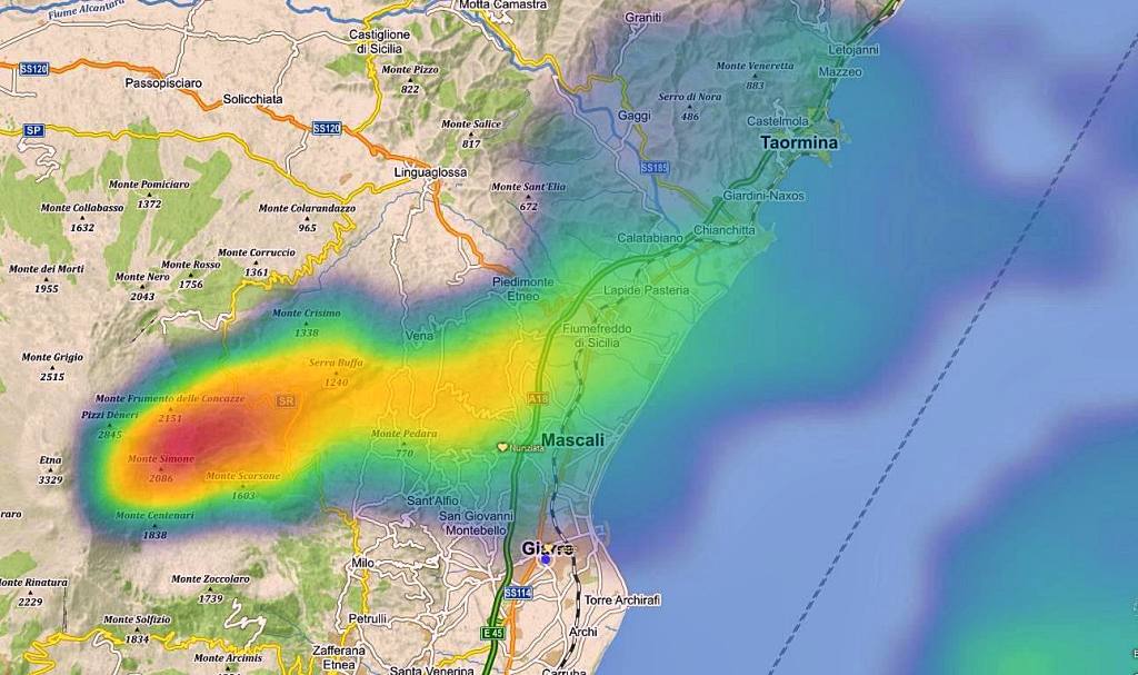 Etna éruption-19 mars 2021, carte cendre volcanique