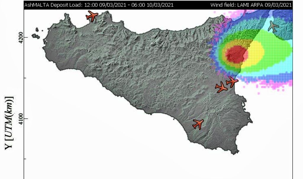 Etna, dispersion de cendres volcaniques 9 mars 2021