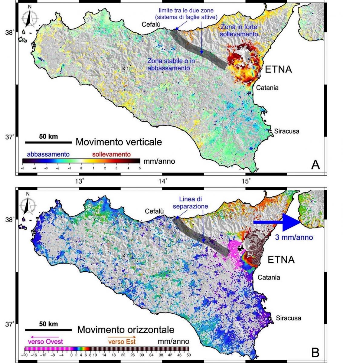 Figure 1: La carte créée grâce à un traitement sophistiqué appelé PS-InSAR ; Figure 1A mouvement vertical. Mouvement horizontal de la figure 1B
