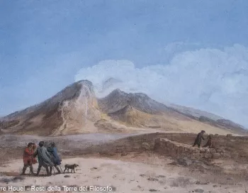 Randonneurs sur la piste Altomontana de l'Etna passant devant un refuge historique construit en pierre de lave
